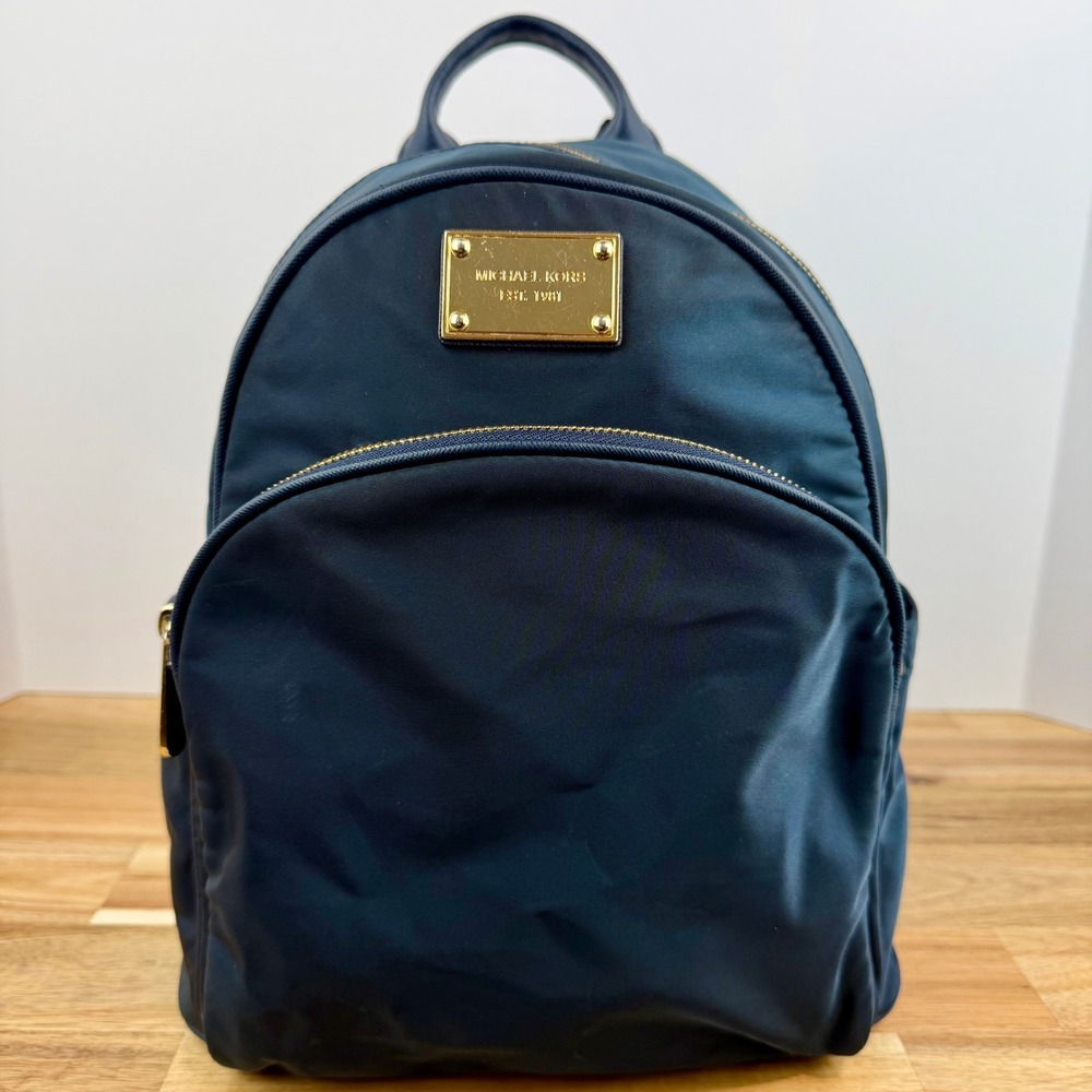 Michael Kors Navy Blue Nylon Backpack with Gold Hardware
